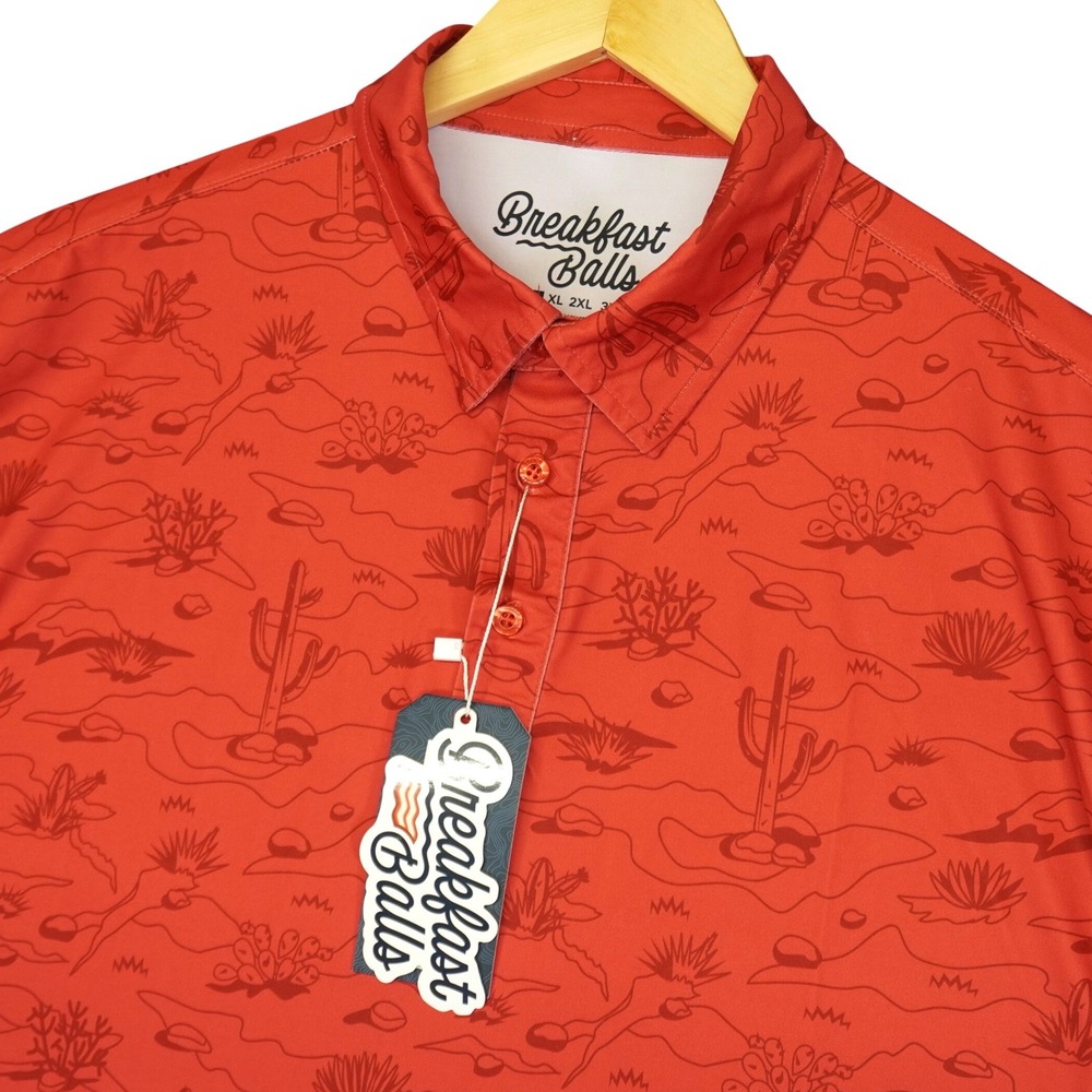 NEW Breakfast Balls Polo Mens Large Red Oasis Desert Cactus RSVLTS Short‎ Sleeve